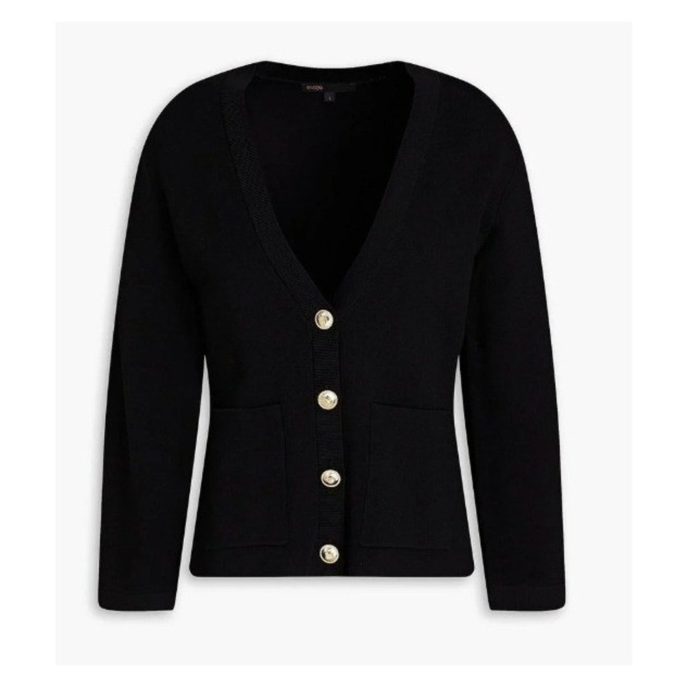 Maje Black Twill Cardigan V-Neck Gold Crest Button Front Pocket Sweater Size 1